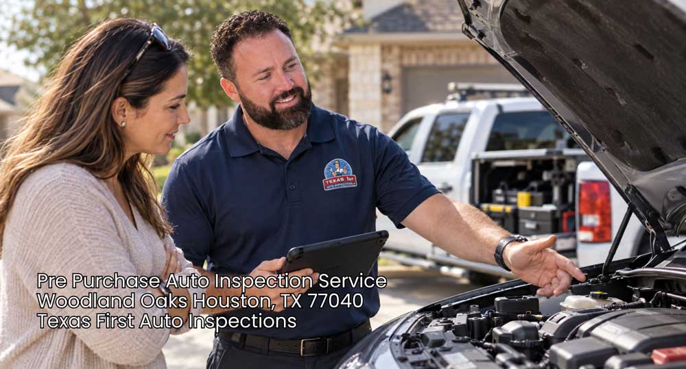 Mechanic explaining engine details during a pre purchase auto inspection service in Woodland Oaks Houston TX.