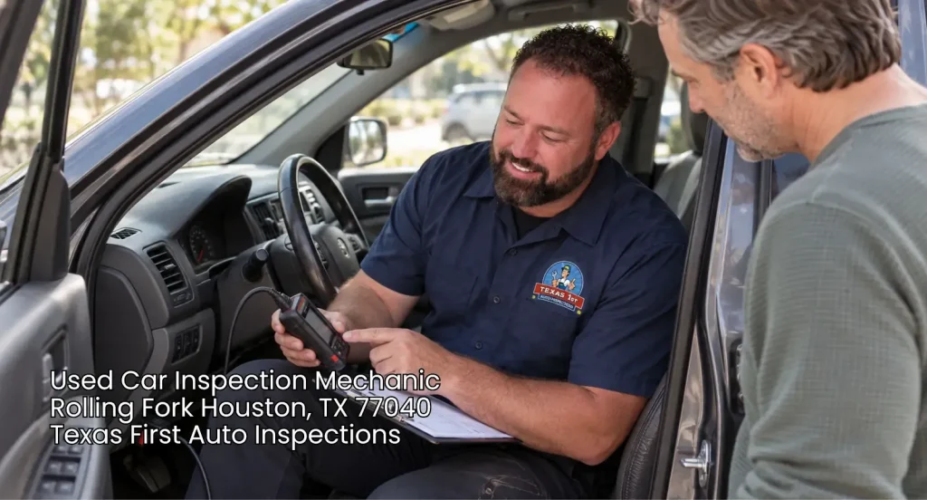 Trusted used car inspection mechanic using a scanner to run full diagnostics while explaining notes to a client.