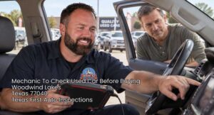 Professional mechanic to check used car before buying performing interior diagnostic test in Woodwind Lakes TX.