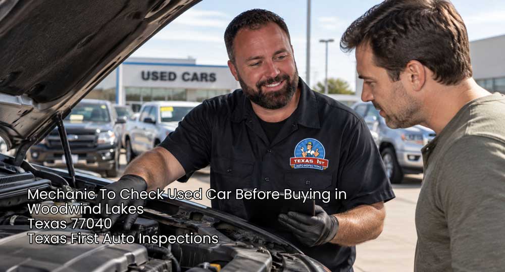 Qualified mechanic to check used car before buying inspecting engine bay with buyer in Woodwind Lakes TX 77040.