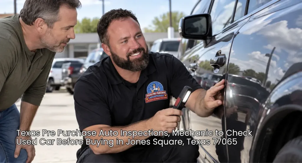Texas auto mechanic to check used car before buying, examining the vehicle exterior body panels with flashlight.