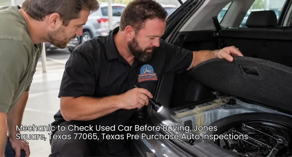 Professional mechanic to check used car before buying, using a flashlight to inspect trunk compartment in Texas.