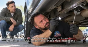 Mobile auto mechanic to check used car before buying, using a flashlight and mirror under a vehicle in Texas.