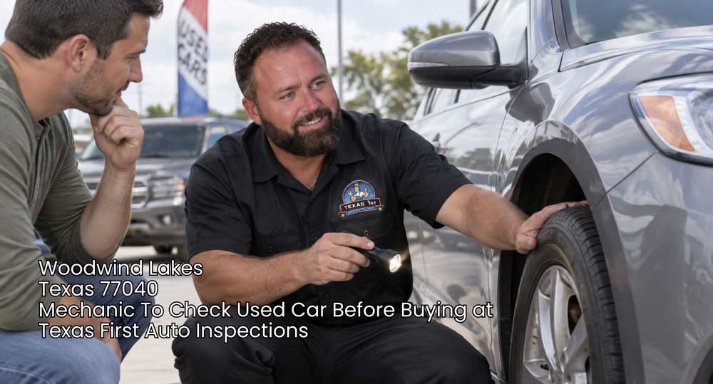Certified mechanic to check used car before buying inspecting tire well with flashlight in Woodwind Lakes Texas.