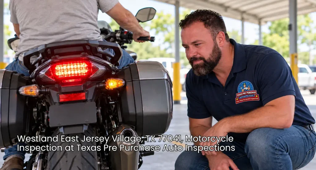 Mechanic examining rear brake tail lights during a pre purchase motorcycle inspection Houston service near Westland.