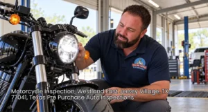 Professional mechanic testing front headlight beam during a full motorcycle inspection Houston pre purchase review.