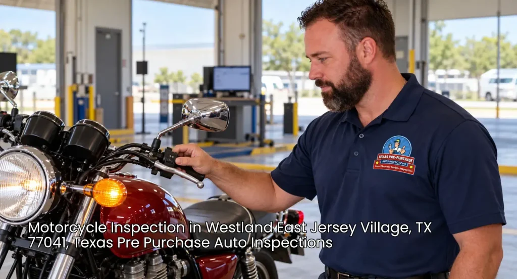 Inspector testing handlebar turn signal switches during a detailed motorcycle inspection Houston pre purchase service.