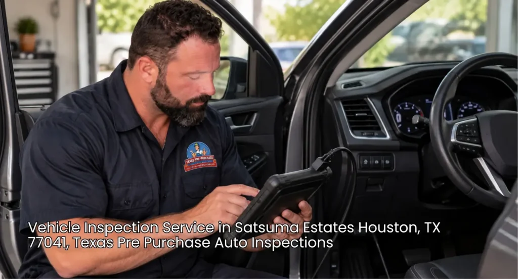 Auto mechanic using a digital tablet for car interior diagnostics during vehicle inspection service Houston offering.