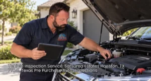 Experienced mobile mechanic inspecting car engine components for complete vehicle inspection service Houston area.