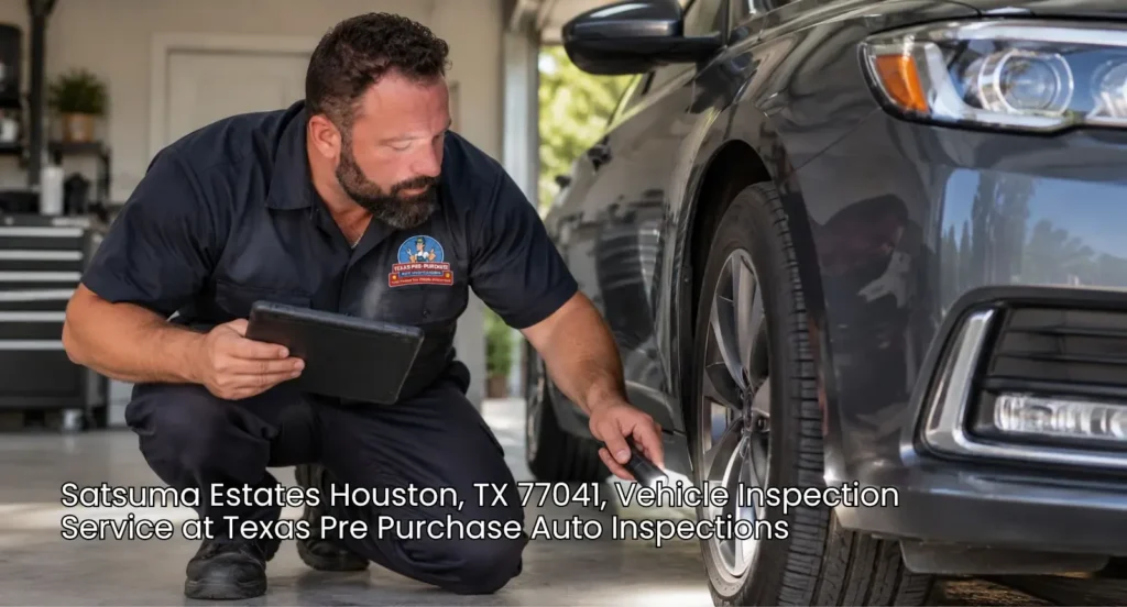 Mobile auto technician inspecting car tires using a flashlight during vehicle inspection service Houston check.